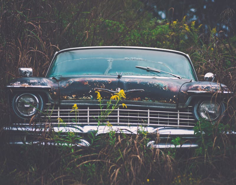 Classic car with rusted exterior surrounded by tall grass, capturing a retro feel.